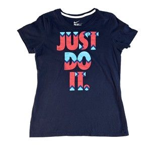Nike Women's Navy Blue JUST DO IT Graphic T Shirt  Large Slim Fit 100% Cotton